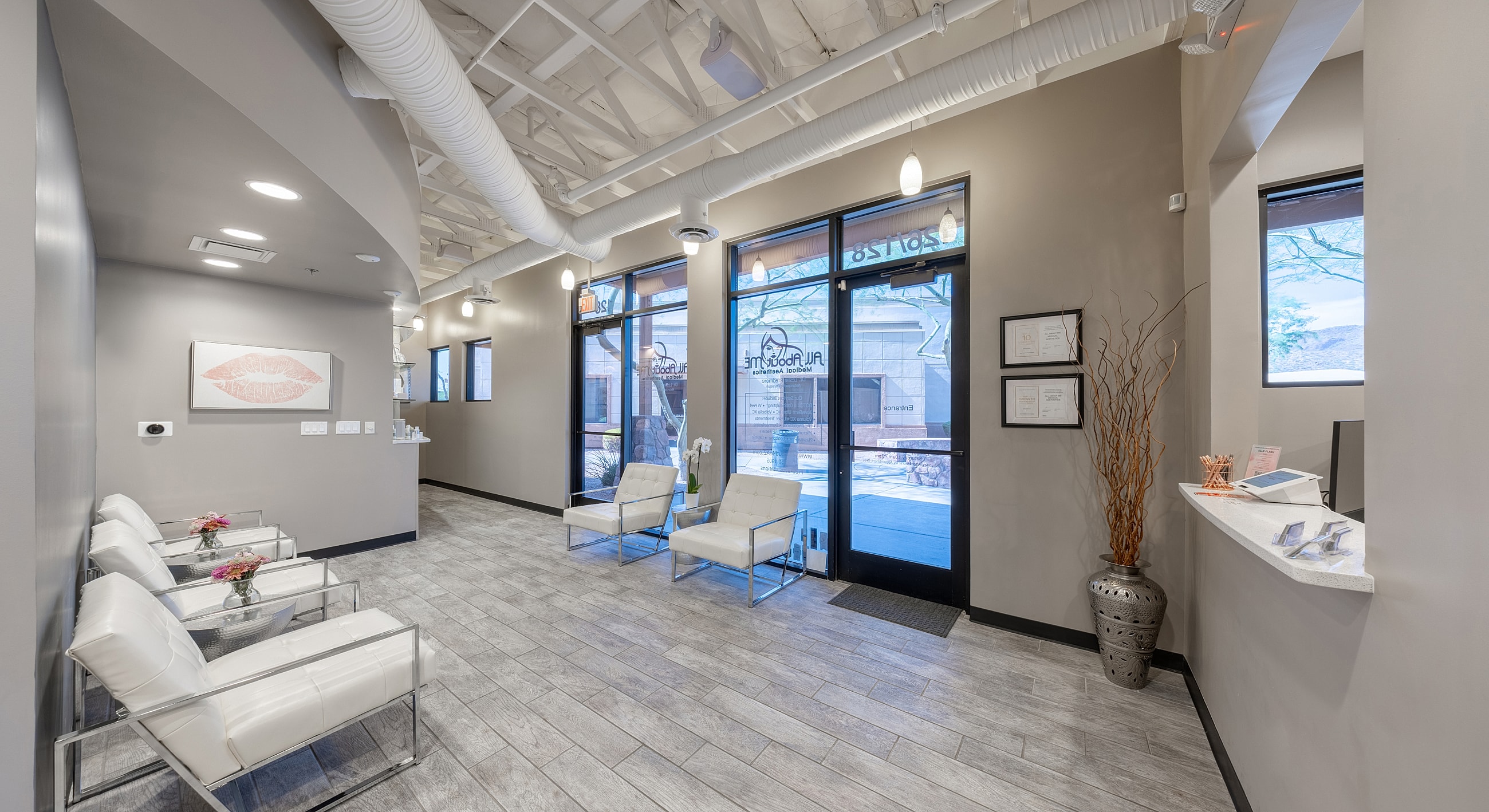 Modern medical office waiting area with stylish decor.